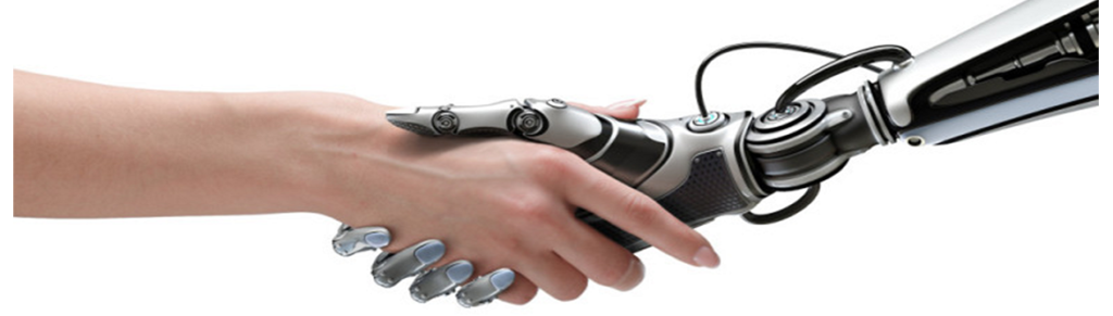 Photo of a woman's hand shaking the hand of a robot.
